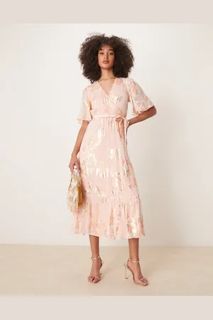Finding Friday Metallic jaquard short sleeve maxi dress in coral