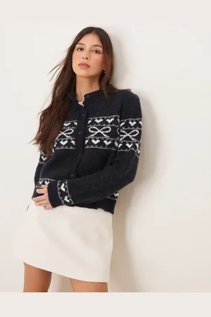 Miss Selfridge Knitted bow pattern cardigan in navy