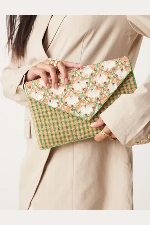 True Decadence Floral beaded envelope clutch bag in pink and green