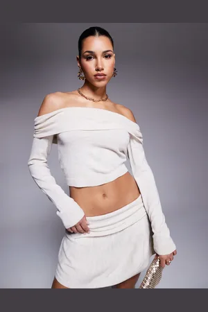 Missyempire Fine knit fold over bardot top co-ord in beige