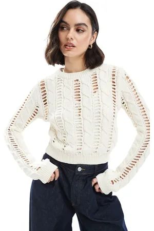 Bershka Open knitted top jumper in ecru