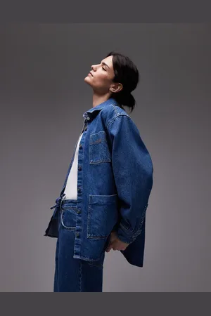 Lacoste Co-ord oversized denim jacket in midwash with constrast stitching