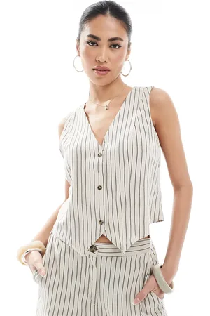VERO MODA Linen touch waistcoat co-ord in stone stripe