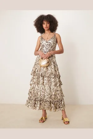 Finding Friday Metallic printed ruffle strappy shoulder maxi dres in zebra