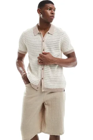 Lee Knitted polo in cream/beige stripe