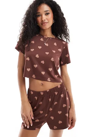 Loungeable Cropped t-shirt and short pyjama set in heart print