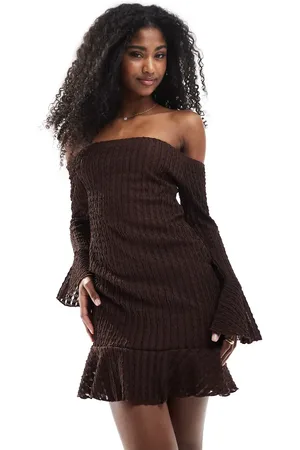 Miss Selfridge Bardot ruffle hem mini dress in chocolate
