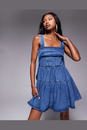 ASOS Denim pleated bust skater dress with bow back in