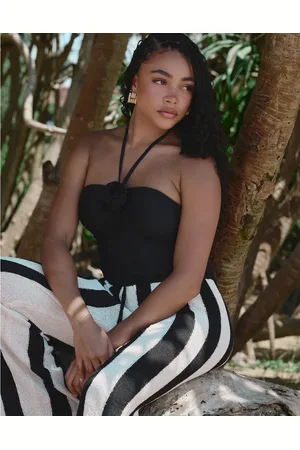 4th & Reckless X Loz Vassallo cuba knitted stripe beach trouser in black and white