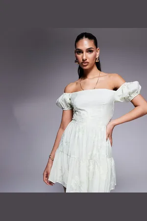 Kaiia Exclusive embroidered bardot puff sleeve tiered mini dress in sage