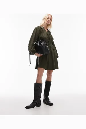 Topshop Tie front mini dress in khaki check