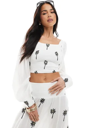 South Beach Embroidered shirred long sleeve top in