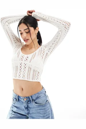 Bershka Crochet v-neck top in ecru