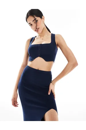 Bershka Knitted square neck top co-ord in navy