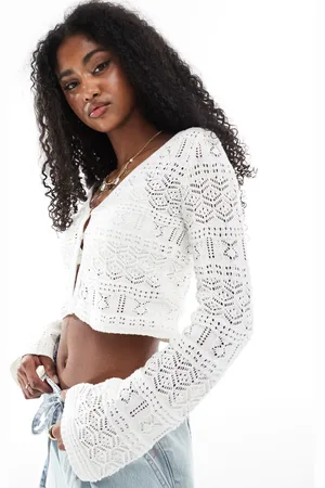 Bershka Crochet button front cardigan in ecru