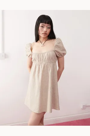 Monki Linen puff sleeve mini dress in beige exclusive to ASOS