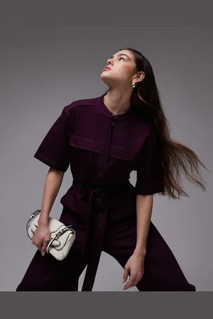 & OTHER STORIES Wide leg stretch jumpsuit with tie waist and utility pockets in dark lilac