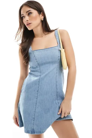 Hollister Square neck tie back structured mini dress in denim