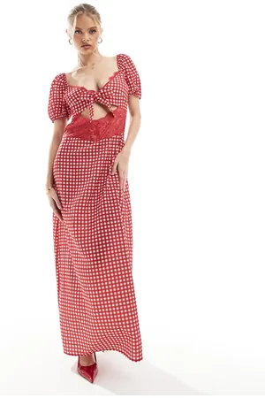 The Frolic Exclusive lace insert cut out puff sleeve satin maxi dress in red gingham