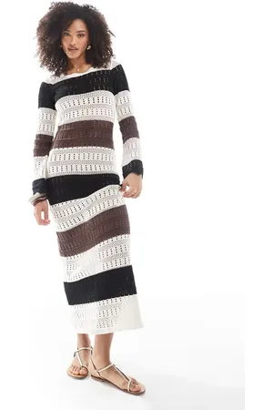The Frolic Exclusive longsleeve crochet maxi beach dress in tonal stripe