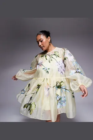 ASOS Curve oversized organza mini smock dress with floral embroidery in buttermilk