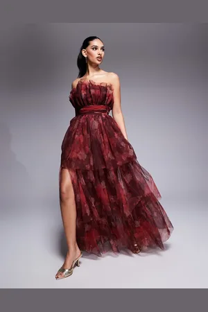 Lace & Beads Bandeau tulle maxi dress in rose floral