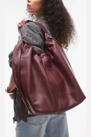 Topshop Lennox leather tote with ruche detail in burgundy