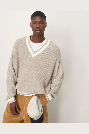 ASOS Oversized boxy fit knitted v-neck jumper with tipping in stone