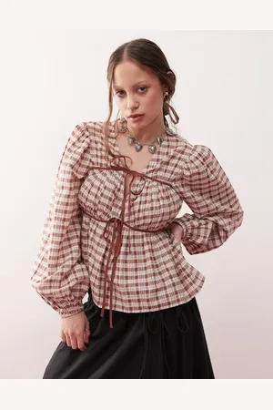 Reclaimed Smock top with ruching detail in brown check