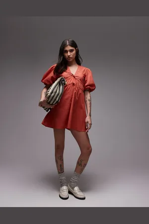 Topshop V neck puff sleeve mini dress in rust