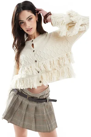 Miss Selfridge Knitted fringe boho cardigan in cream