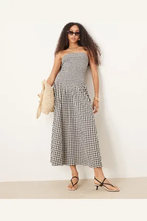 ASOS Crinkle bandeau maxi dress in black and white ginham