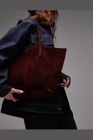 MANGO Suede shoulder tote bag in burgundy