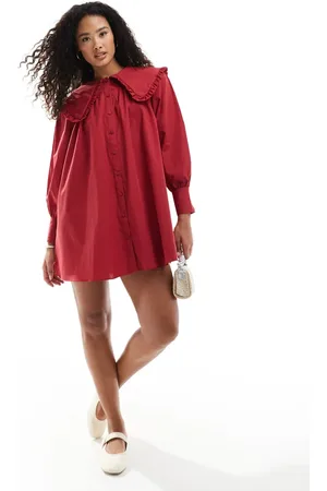 Miss Selfridge Frill oversized collar poplin smock dress in cherry