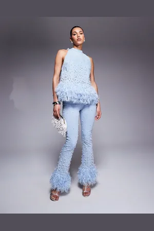 ASOS Co-ord embellished pearl denim jean with faux feather hem in
