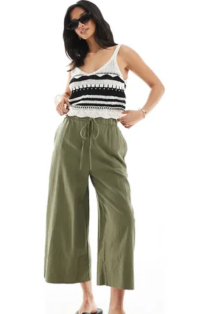 New Look Cropped linen trousers in khaki