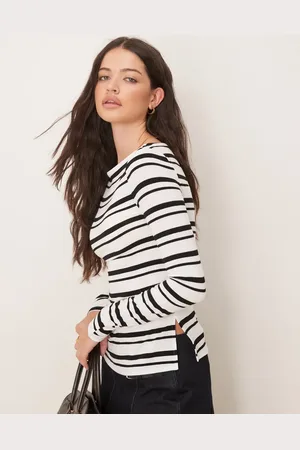 Gina Tricot Boatneck ruched top with side splits in black stripe