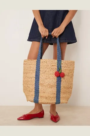 Accessorize Jute straw shoulder bag denim strap and cherry charm in beige