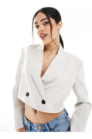 Bershka Double button cropped blazer in ecru