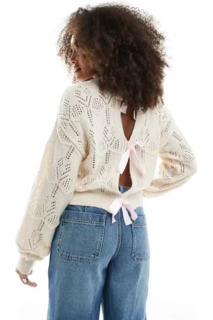Miss Selfridge Satin bow back knitted jumper in cream