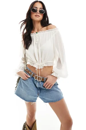 Bershka Ruffle detail bardot top in ecru