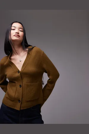 ARKET Textured yarn wool cardigan with v-neck and front pockets in khaki brown