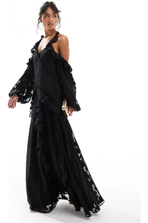 ASOS Cross neck cold shoulder floral jacquard maxi dress with ruffle detail in black