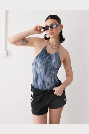 Weekday Halter neck swimsuit with open back tie detail in stripe print
