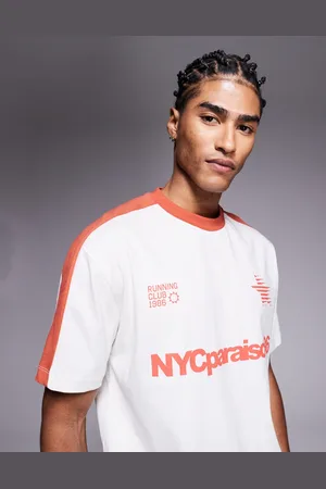 ASOS Boxy relaxed t-shirt with taping and sports graphic in cream and orange