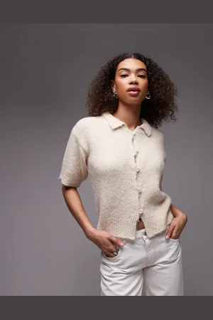 Topshop Wool blend button down shrunken knit shirt in ecru