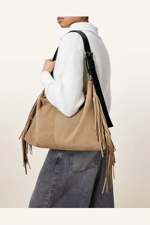 AllSaints Edbury suede fringe shoulder bag in mink