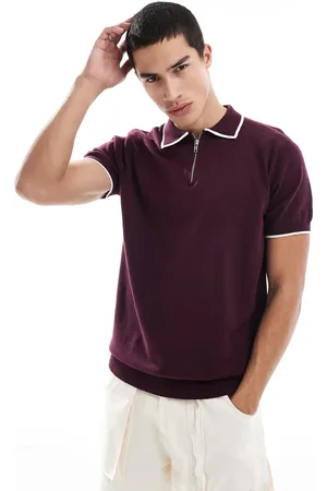 Brave Soul Knitted polo shirt with contrast tipping in burgundy