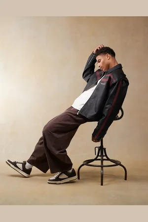 ASOS Faux leather boxy oversized motocross jacket in with burgundy stripes
