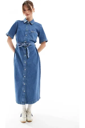 ONLY Tie waist denim midi dress in mid wash